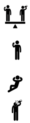 Four icons of people. The first shows two people on a balance scale, one with an apple and the other with water. The other icons show someone eating, resting, and pouring water on their head.