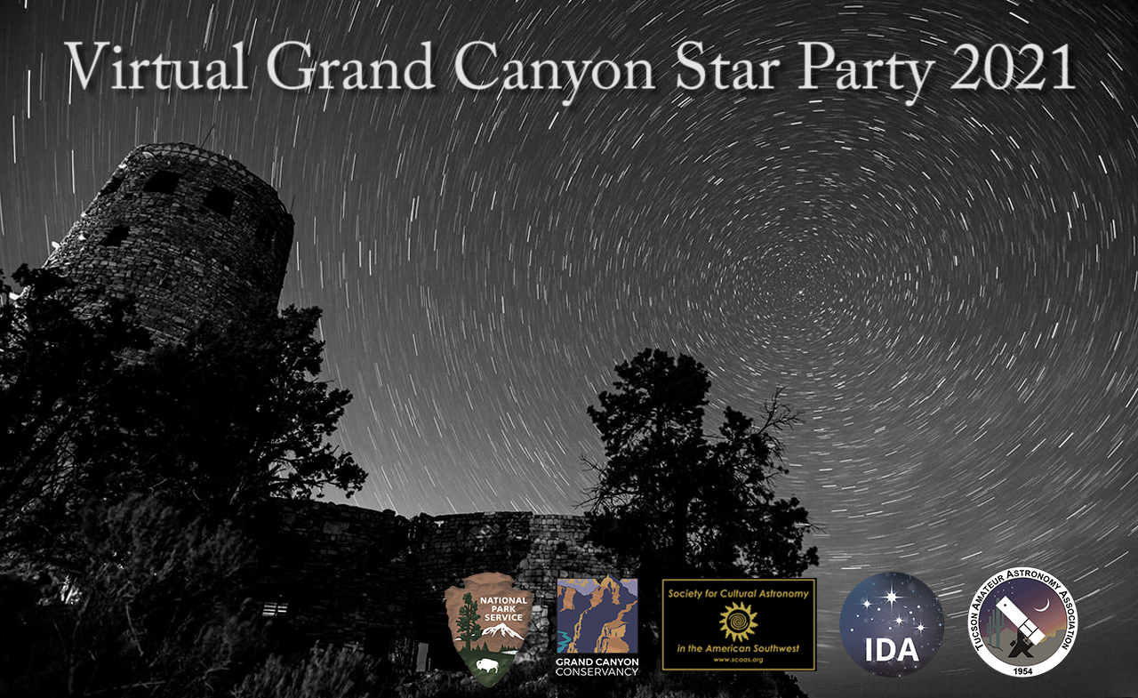 A black and white photo of the stars swirling around the north star. A tall cylindrical stone building appears to the left amongst small trees.