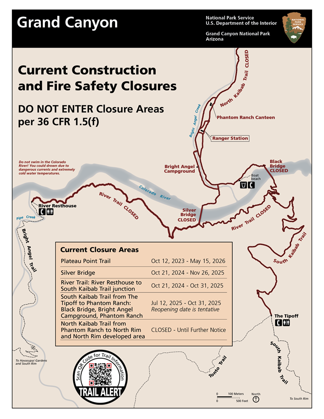 Map with section of the Colorado River between Bright Angel Trail (left) and South Kaibab Trail (right). Between is the River Trail, and north is the North Kaibab Trail. North Kaibab, Phantom Ranch, River Trail, and lower South Kaibab are marked as closed