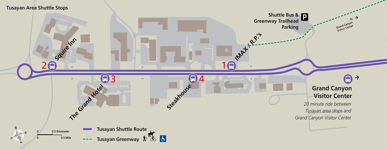 Tusayan Route (Purple) shuttle map shows the four bus stops, buildings shown in brown and parking lots in purple.