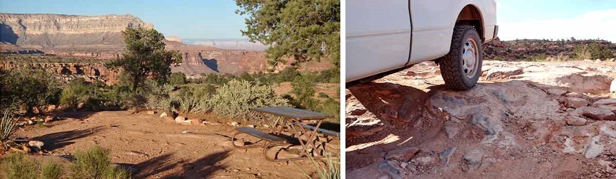 left: typical campsite with table in Tuweep campground. right: rugged Tuweep campground road conditions