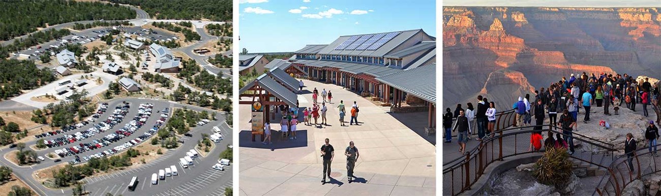 Left to right: visitor center parking and plaza overview, visitor center and outdoor exhibits, people watching sunset at Mather Point