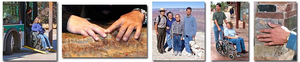 L to R 1)woman exits shuttle bus, guiding woman in wheelchair down ramp to street 2)hands touch relief map 3)park ranger with 3 blind individuals and seeing eye dog 4)man assists woman in wheelchair  5)hands feel rock layers in geologic column