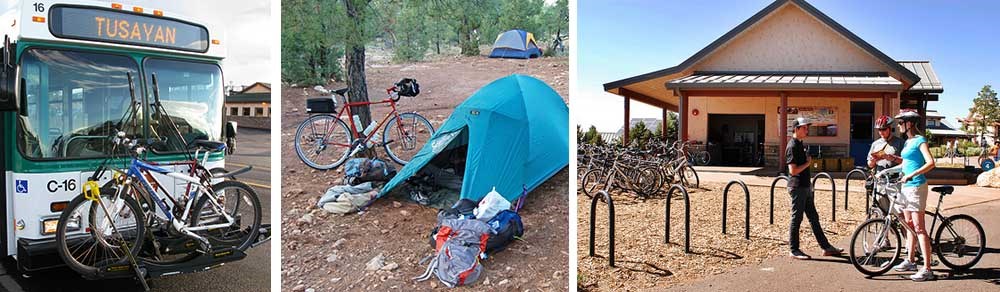 Three images, from left to right, park shuttle bus carrying several bicycles up front in an external rack. A bicycle in campsite with blue tent. Bicycle rental facility with attendant talking with two customers.