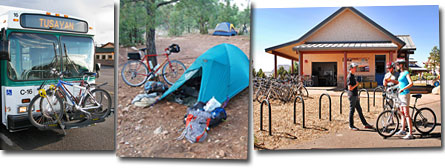 bicycle rack on bus, bicycle campsite, bicycle rental facility bicycle rack on bus, bicycle campsite, bicycle rental facility