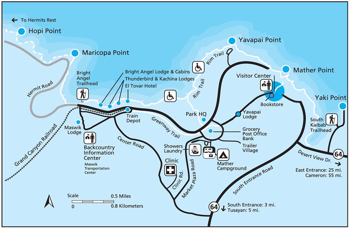 Map of Grand Canyon Village showing the clinic in relation to the historic district, the campgrounds and Visitor Center.