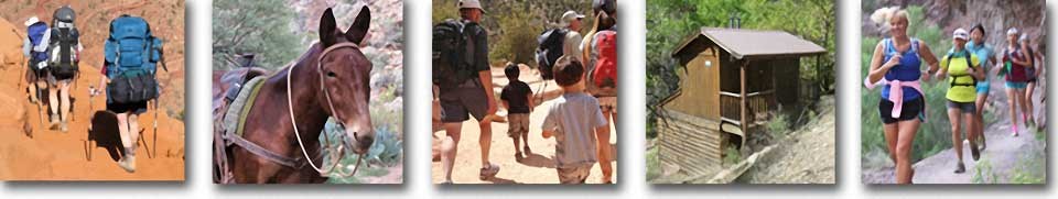 Five small square photos create a banner across the page. Subjects (from left to right) 3 backpackers, a mule, 5 hikers, 2 are youth, composting toilet building, 5 women runners