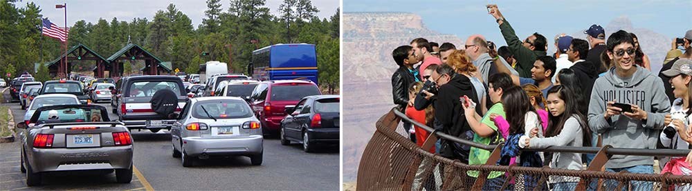 photo on left shows line of cars entering the park. Photo on right shows group of people at overlook photo on left shows line of cars entering the park. Photo on right shows group of people at overlook