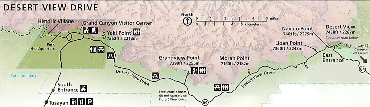 a map showing the Grand Canyon Village Area on the left, with the 23 mile Desert View Drive drawn from left to right and ending at the Desert View settlement on the right.