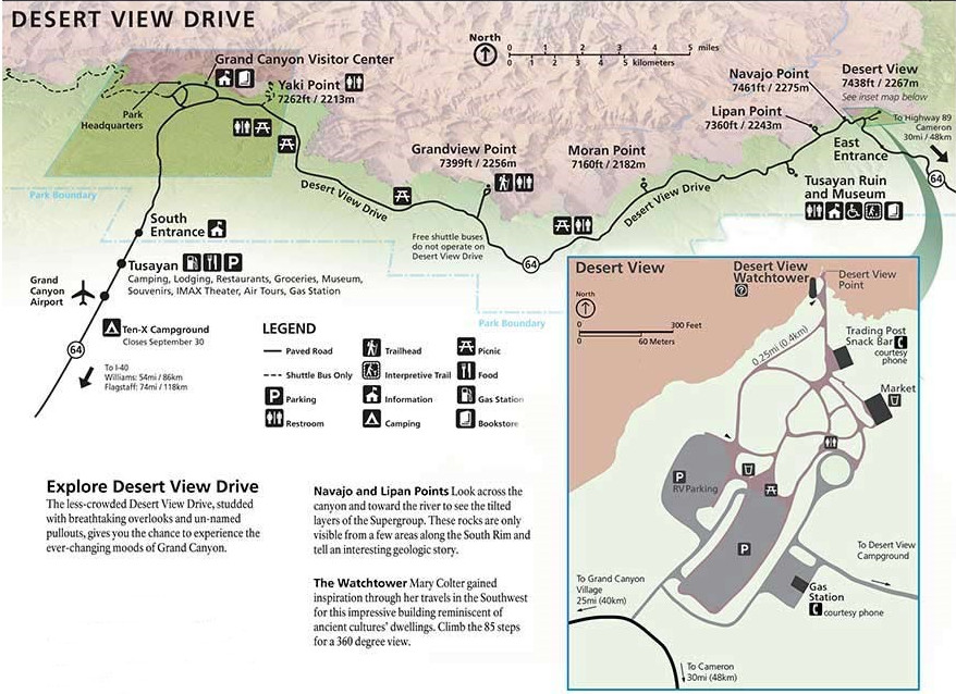 Map Of Desert View Drive On The S.Rim Of Grand Canyon National Park. An Overview Is Positioned At The Top, Showing The Entire 25 Mile Length Of The Drive. On The Right, An Insert Detailing The Buildings And Parking Lots Of The Desert View Area. - Map of Desert View Drive on the S.Rim of Grand Canyon National Park. an overview is positioned at the top, showing the entire 25 mile length of the drive. On the right, an insert detailing the buildings and parking lots of the Desert View area.