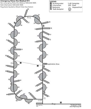 Map of Desert View Campground showing back-in and pull-through sites.