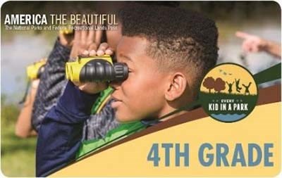 The 4th Grade Every Kid In a Park pass, depicting a child looking through binoculars The 4th Grade Every Kid In a Park pass, depicting a child looking through binoculars