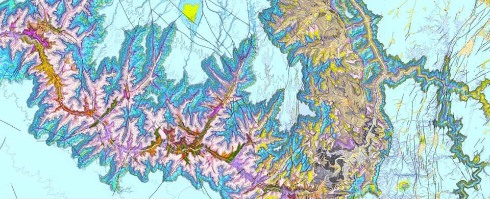 Multicolored map represents Grand Canyon rock types and strata in a variety of colors.