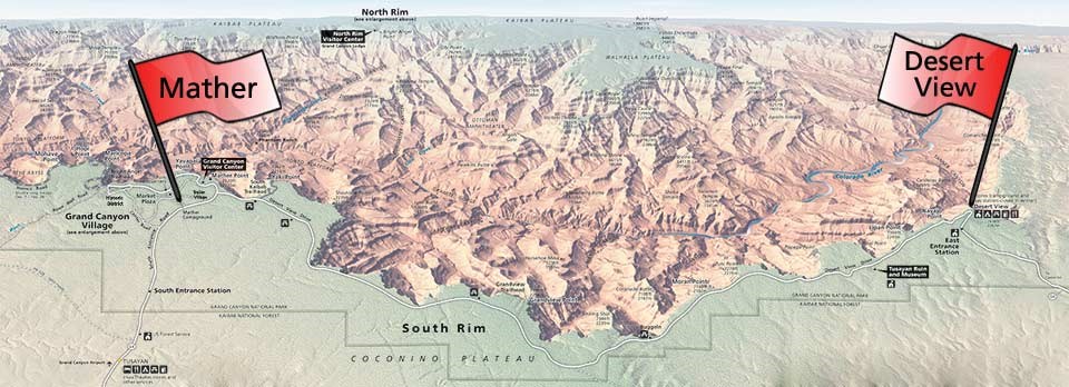 Shaded relief map with red flags that show the location of Mather and Desert View Campgrounds, the two NPS campgrounds on the South Rim of the park.