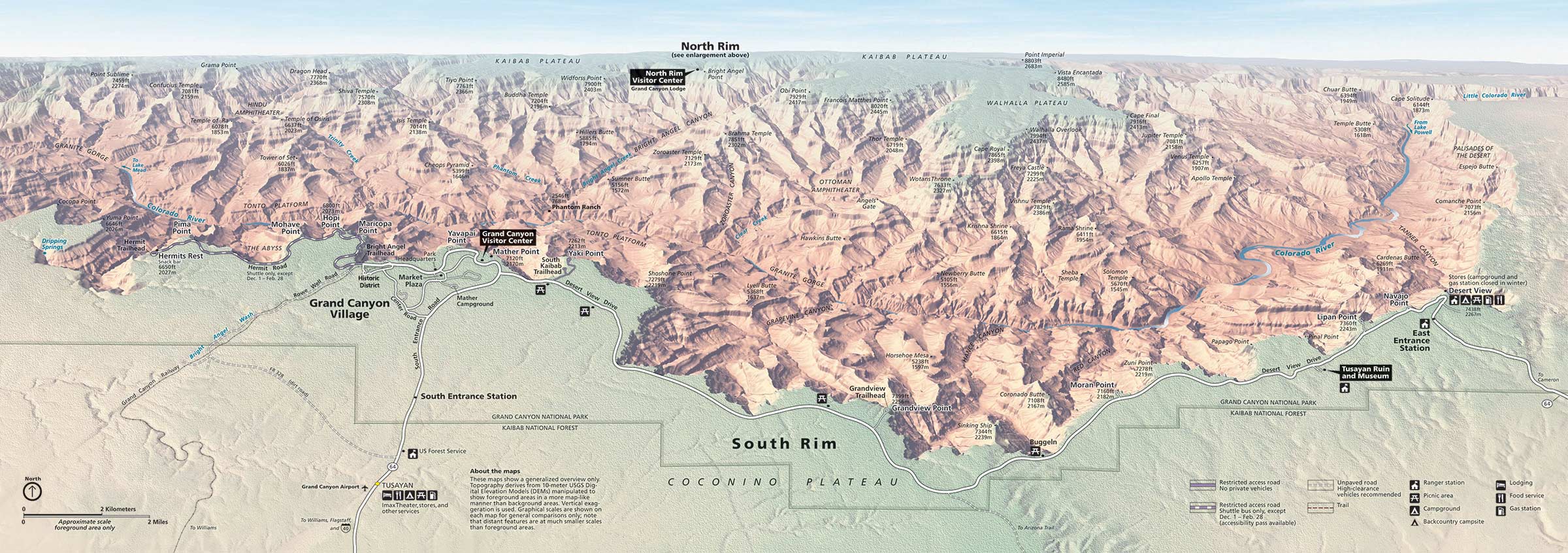 Grand Canyon Panorama Map: South Rim In Foreground, Canyon In Shaded Relief And North Rim At The Top. - Grand Canyon Panorama Map: South Rim in foreground, canyon in shaded relief and North Rim at the top.