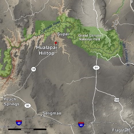 Map showing the location of Supai in relation to Grand Canyon National Park and highways 18, 64, and I-40 from the tribal website.