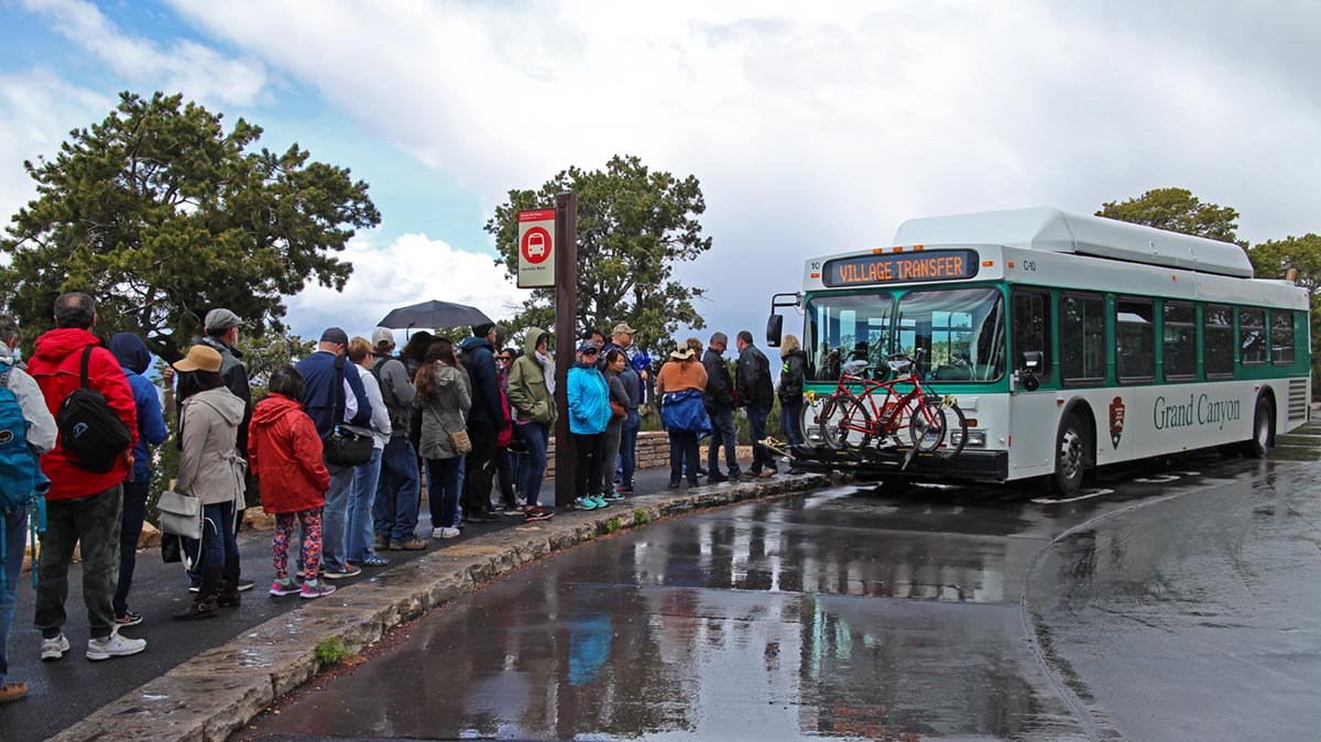 A line of people wearing jackets are waiting in line to board a white and green bus. Pavement is wet from recent rain.
