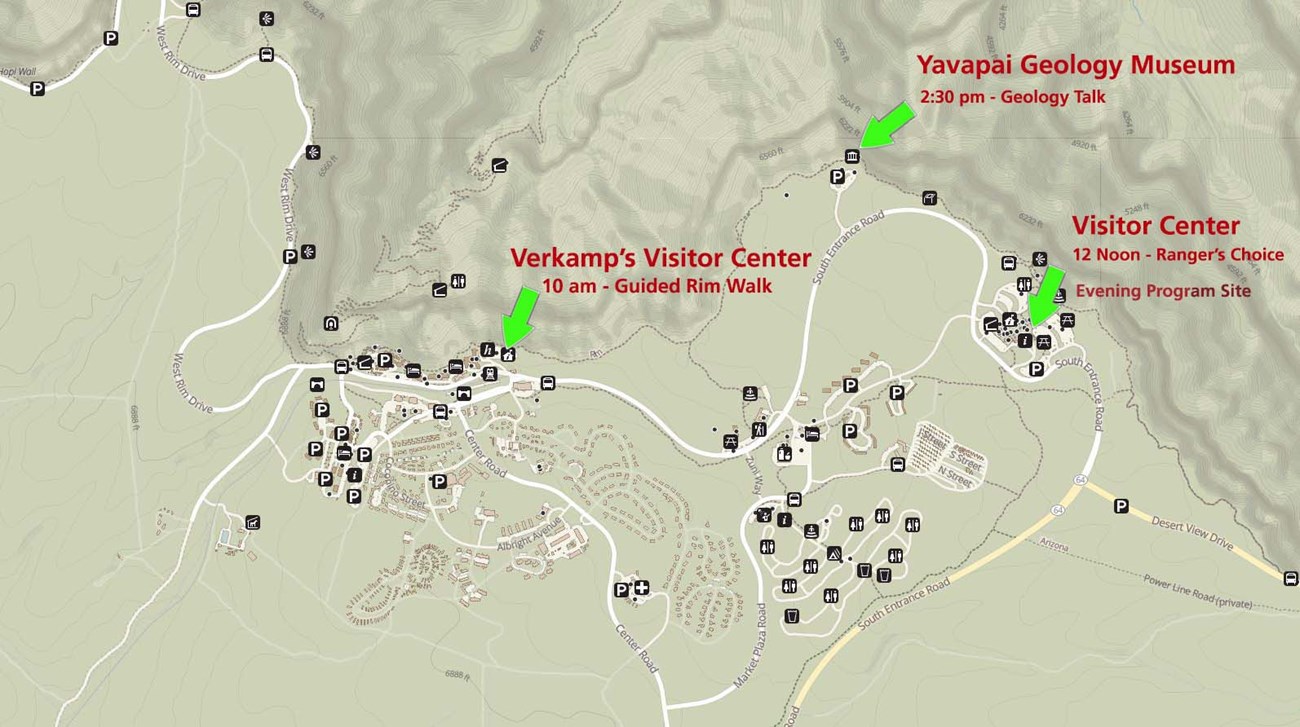 A South Rim Village and vicinity map that shows the locations of the park ranger programs that are described in more detail in the text and calendar listings below.