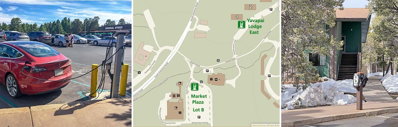 3 photos: 1 - red car at an EV charging station on large parking lot, 2- map showing the locations of EV charging stations at Market Plaza and Yavapai Lodge, 3 - EV charger along parking lot of 2 story green and brown building.