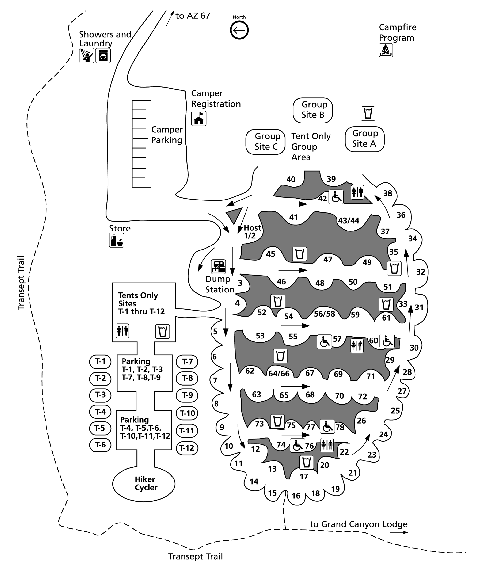 a campground map divided with 2 areas. The firs, on the right, an oval shaped one-way loop with 5 roads that horizontally divide the oval into 6 equal areas. There is also a communal camping area on the left for campers without cars.