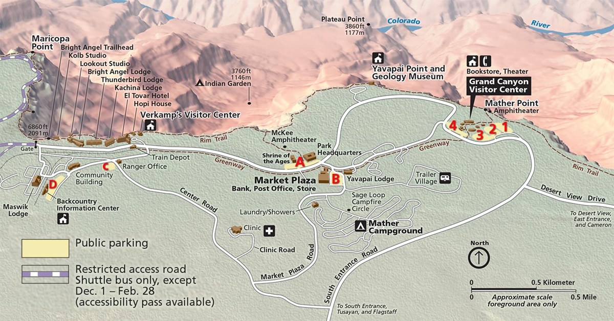 Grand Canyon village parking map shows parking lots 1-4 and A-D