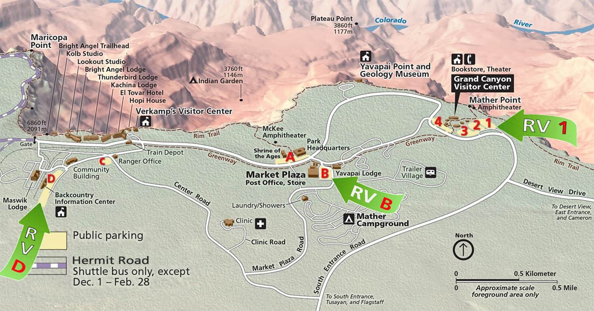 Grand Canyon village parking map shows parking lots 1-4, adjacent to the visitor center plaza, and A-D in the historic part of Grand Canyon Village.