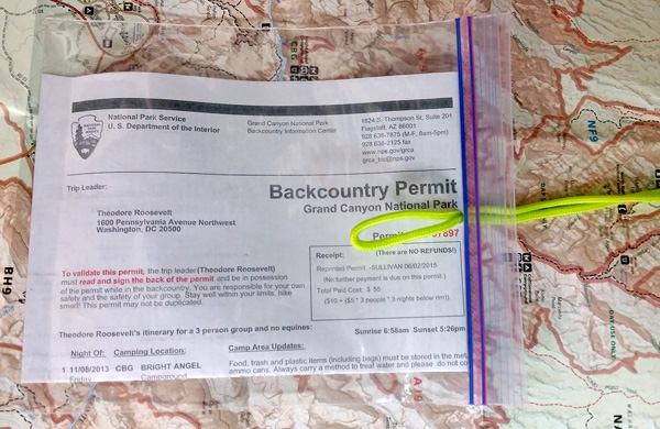 Backcountry Permit Attach to Pack Grand Canyon National Park U.S. National Park Service