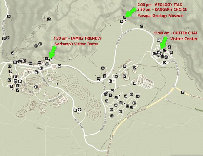 Map of Grand Canyon Village with green arrows pointing to three locations were ranger programs are held. The Visitor Center, Yavapai Geology Museum and Verkamp's Visitor Center.