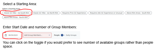 Image showing how to select a starting area, start date, and number of group members