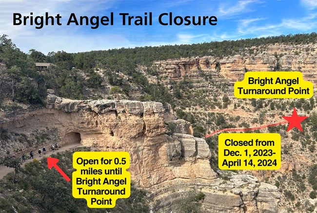The top 1/2 mile of Bright Angel Trail shows the open area. The turnaround point is indicated by a red star. The trail below the star is closed until April 14, 2024.