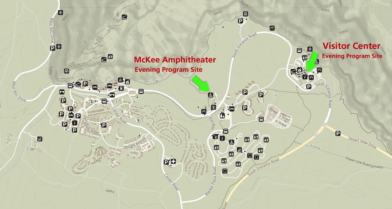A South Rim Village and vicinity map that shows the locations of the night sky programs, McKee Amphitheater and the South Rim Visitor Center. Green arrows pinpoint the locations.