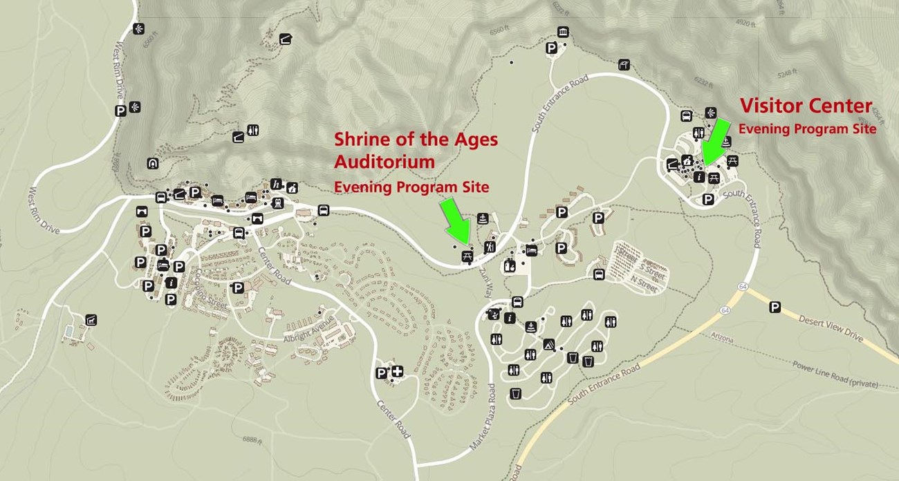 A South Rim Village and vicinity map that shows the locations of the night sky programs, Shrine of the Ages Auditorium and the South Rim Visitor Center. Green arrows pinpoint the locations.