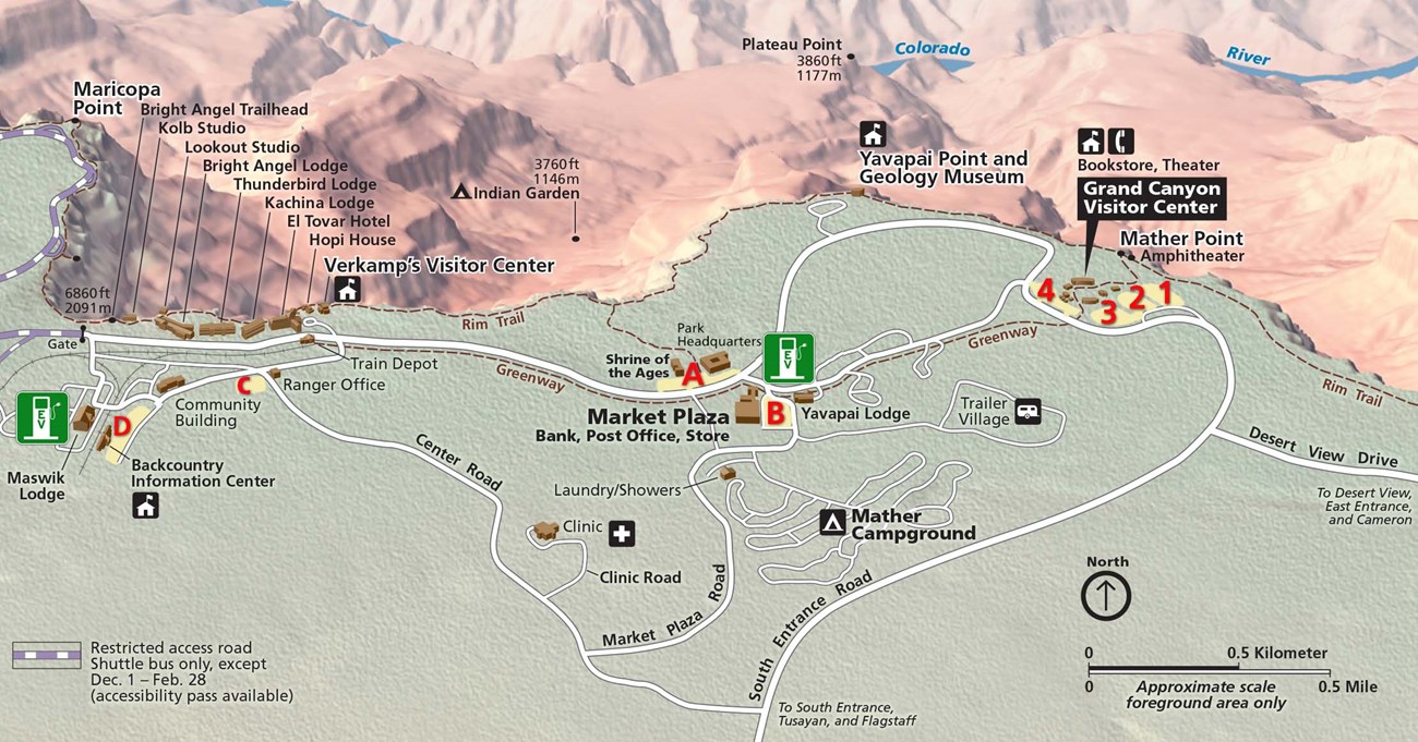 a map of Grand Canyon Village showing the 2 locations where electric vehicle charging stations are located, 1) at Market Plaza and Yavapai Lodge East, and 2) a Maswik Lodge on the west end of the Village Historic District.