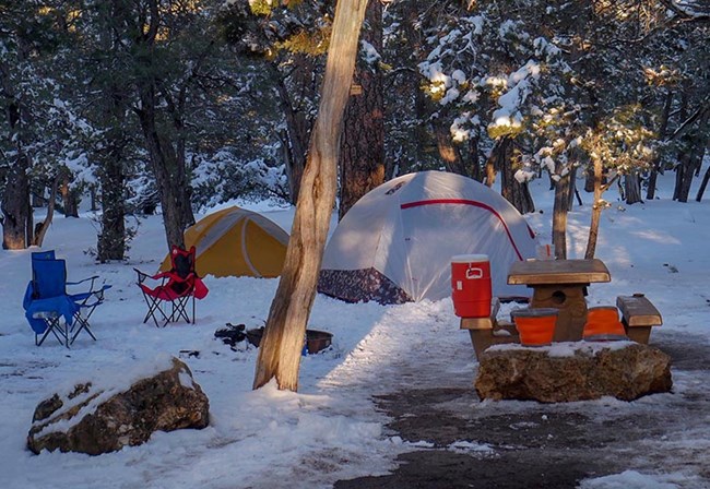 a snowy campsite with two tents, two folding chairs and a picnic table that has been cleared of snow.