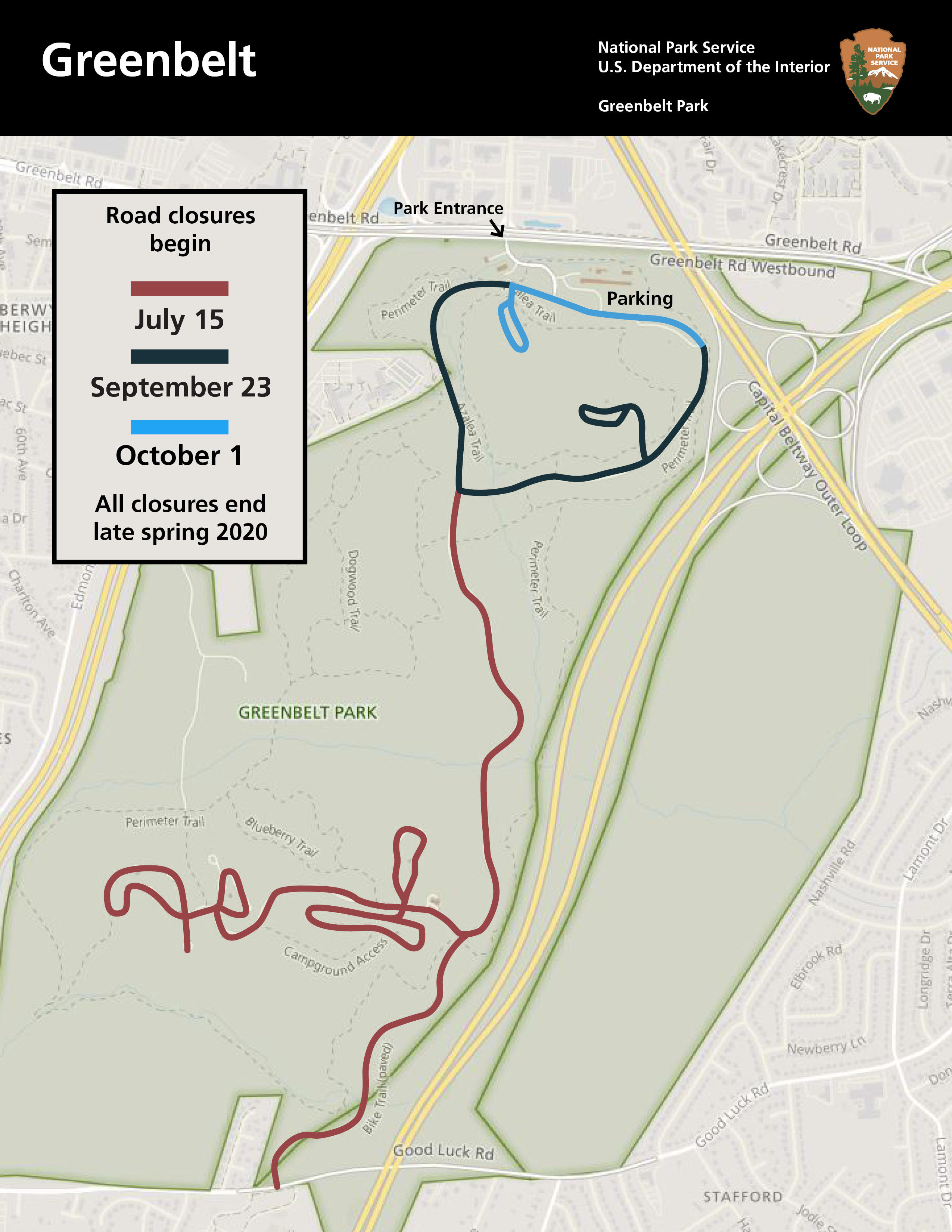 A map of the Greenbelt Park closures. Roads close October 1 and will reopen in 2020. A map of the Greenbelt Park closures. Roads close October 1 and will reopen in 2020.