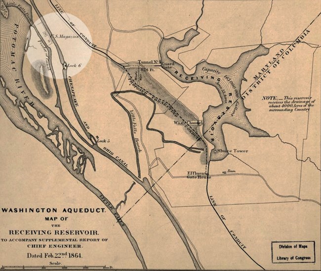 Army Corps of Engineers 1864 Map of the Washington Aqueduct shows highlighted historic location of George Pointers Cottage; labeled "U.S. Magazine"
