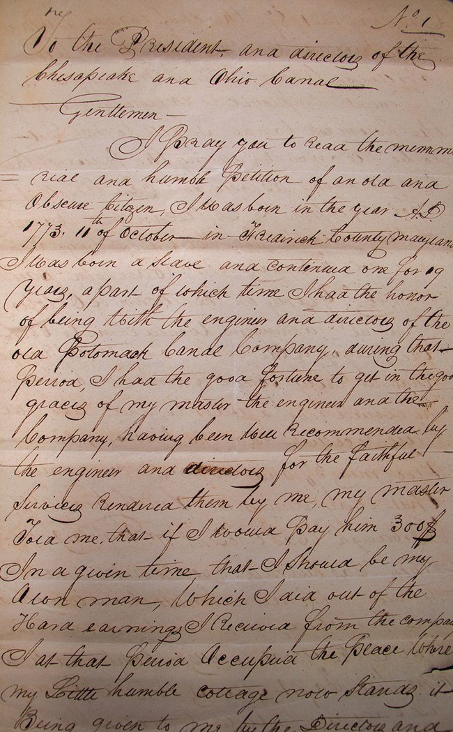 Page 1 of George Pointer's petition explains his life and how he paid $300 (about $7,000-$8,000 today) dollars to his master for his freedom, and how he was given his property by the Potomac Company Directors.