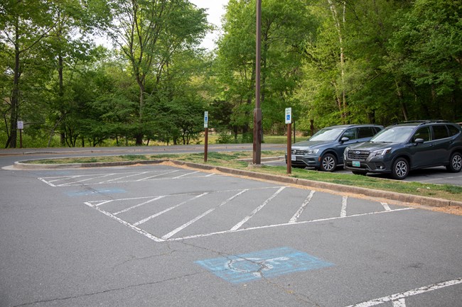 Three accessible parking spaces with signs in a parking lot surrounded by trees.
