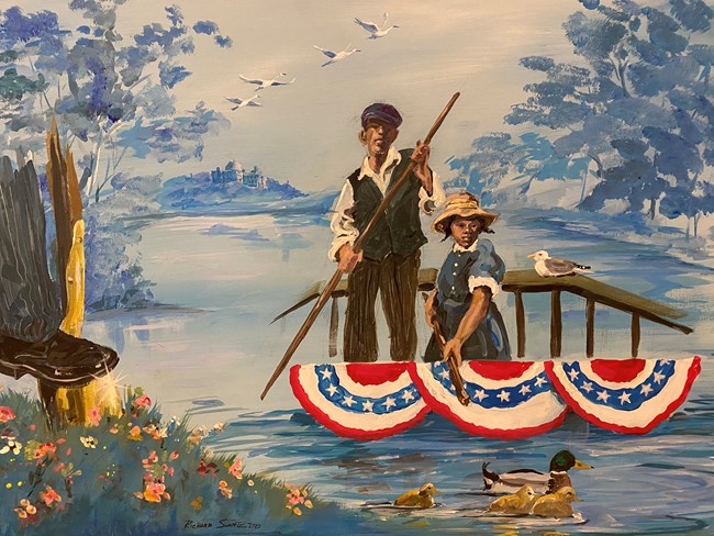 An Artist's painting representing an African American man and female child standing in a flat boat, holding poles for pushing the boat, with red, white, and blue swag draped from the front edge, over water, the US Capitol building in the distance..