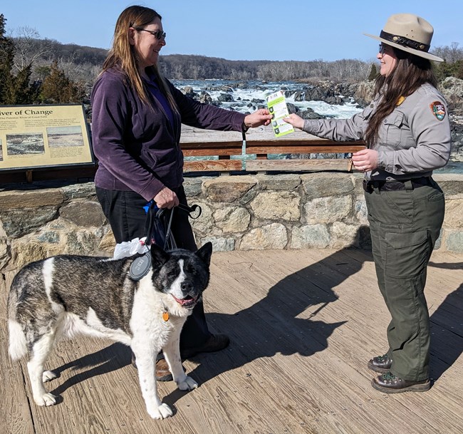 A Park Ranger holds out a B.A.R.K. Ranger Pledge card to a visitor with a leashed dog with the Great Falls in the background.