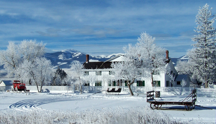 Winter view of the main ranch house and Mount Powell. Winter view of the main ranch house and Mount Powell.