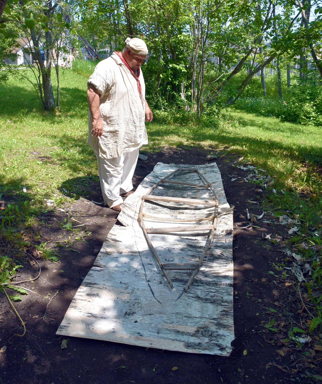 Karl sets the template A reenactor stands next to a sheet of birch bark lying on the ground with a canoe-shaped form resting on top.