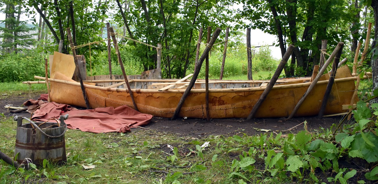 Under construction A birch bark canoe under construction.