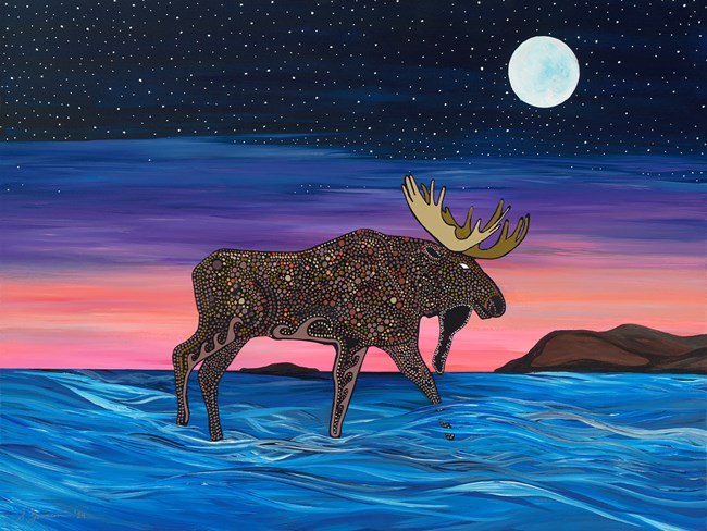 zim mooz A painting of a styllized moose with pink and blue sky.