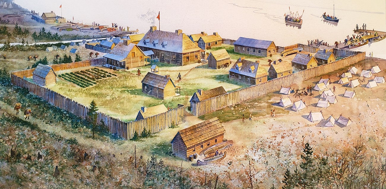 Water color painting of a historic fur trade depot.