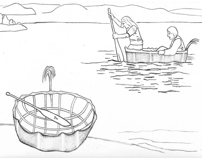 Line drawing of two traditional hide boats, one paddled with two people, in a river landscape.