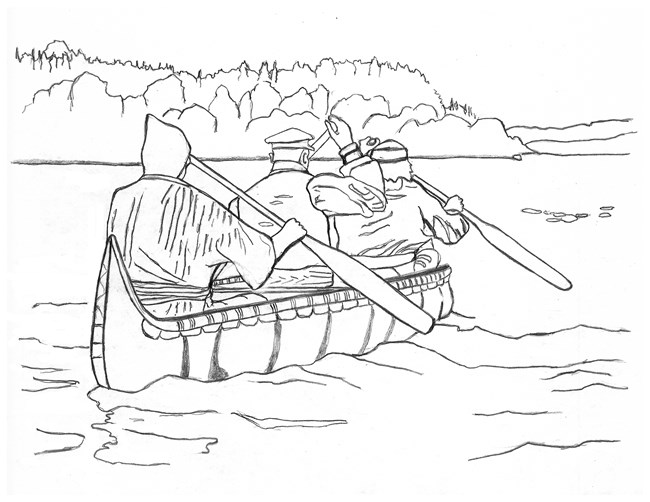 A line drawing of three people paddling a canoe in a lake next to an island.