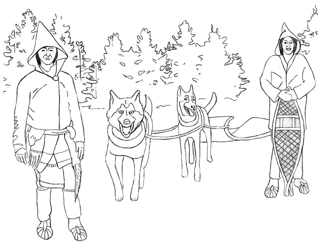 Two people in historic winter clothing, one holding snowshoes, with two sled dogs and a toboggan.