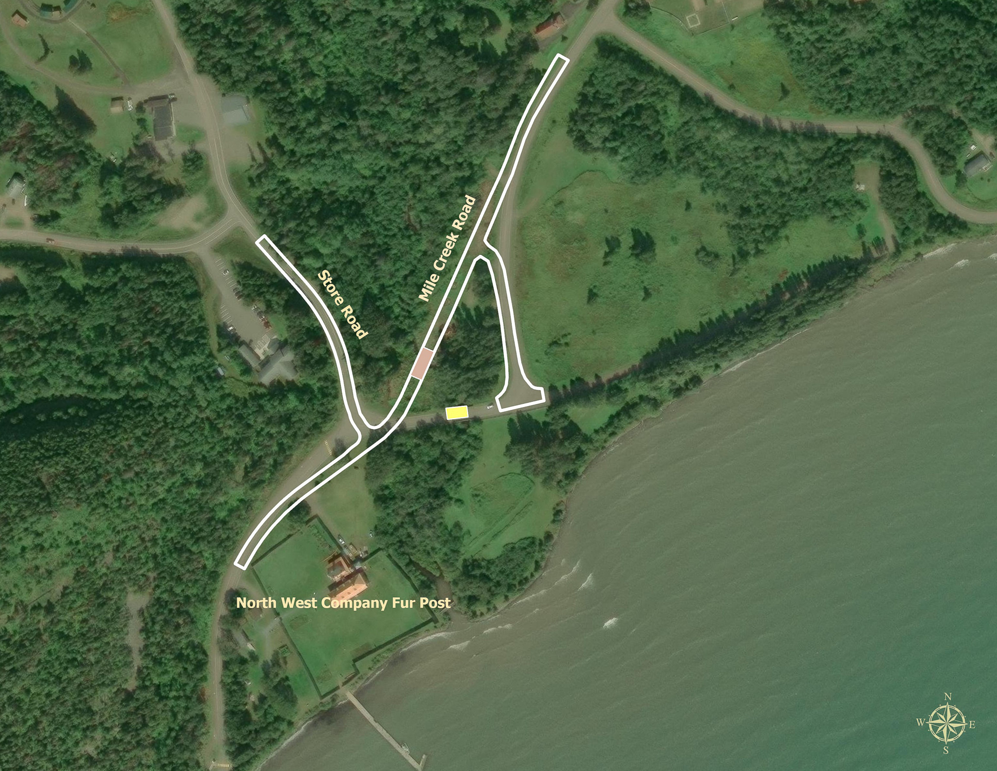 Mile Creek Rd Realignment Map Satellite imagery of Mile Creek Road and Store Road junction near the North West Company Fur Post. White outlines overlay the satellite image demonstrating location of the realignment of Mile Creek Road and the location of the new bridge.