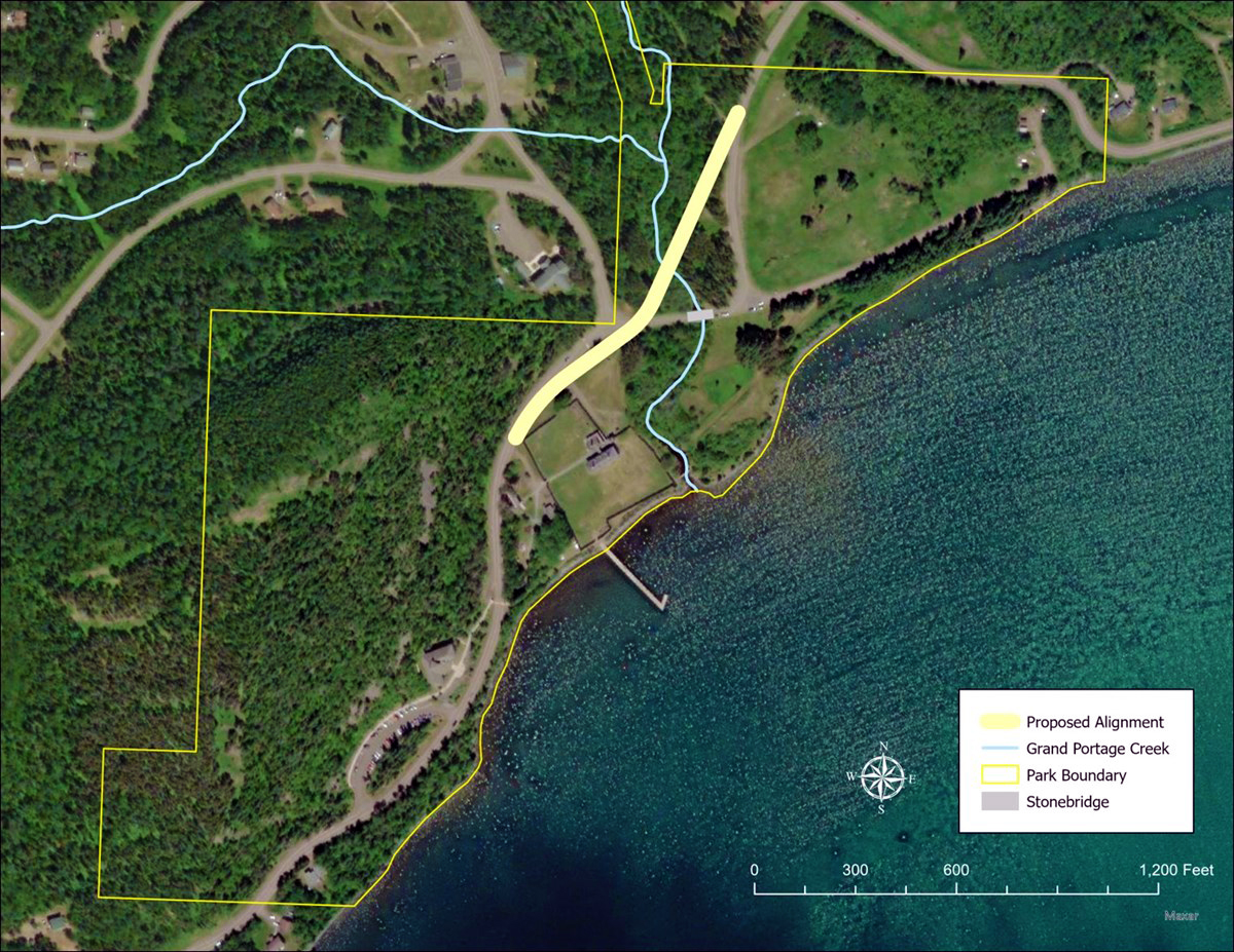 road realignment A map of the Grand Portage area showing the proposed new section of road.